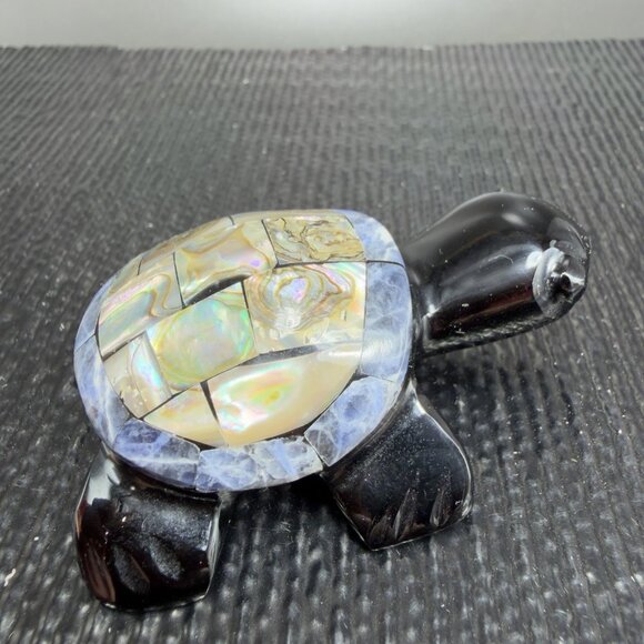 Hand Carved Small Black Turtle Abalone Mother Of Pearl Amphibian Figurine VTG - Picture 7 of 11